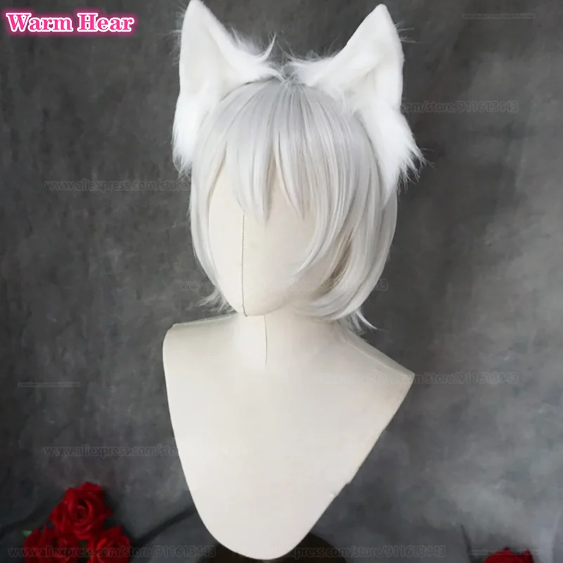 Peluca de Anime Tomoe para Cosplay, pelo corto y Oreja, color blanco y plateado, 28cm, resistente al calor, para fiesta de Halloween, Unisex + gorro de peluca gratis