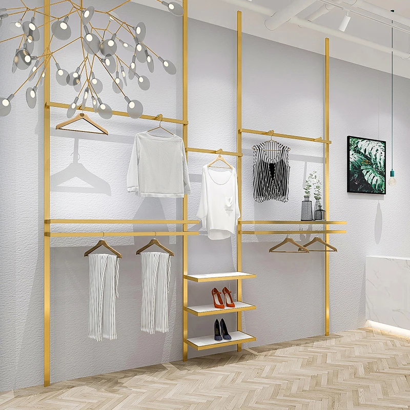 Clothing store display racks, wall columns, stainless steel titanium brushed wire hanging clothes racks, shopping mall decoratio