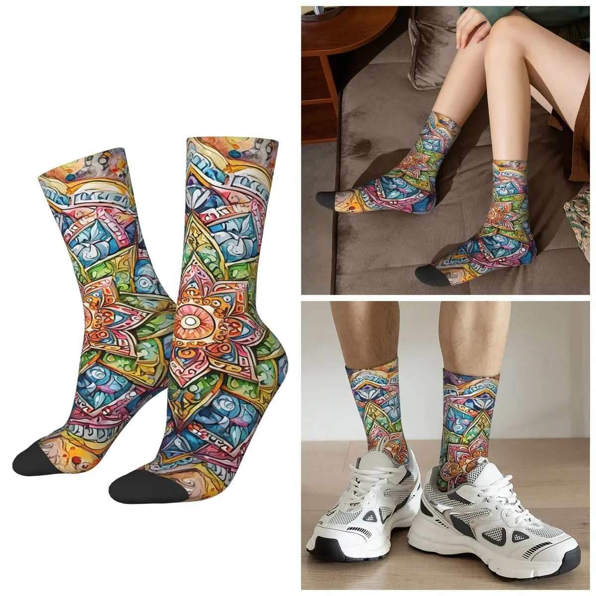 

All Seasons Colorful Mandala A Kaleidoscope Of Bohemian Beauty Socks Harajuku Crew Socks Hip Hop Stockings for Men Women