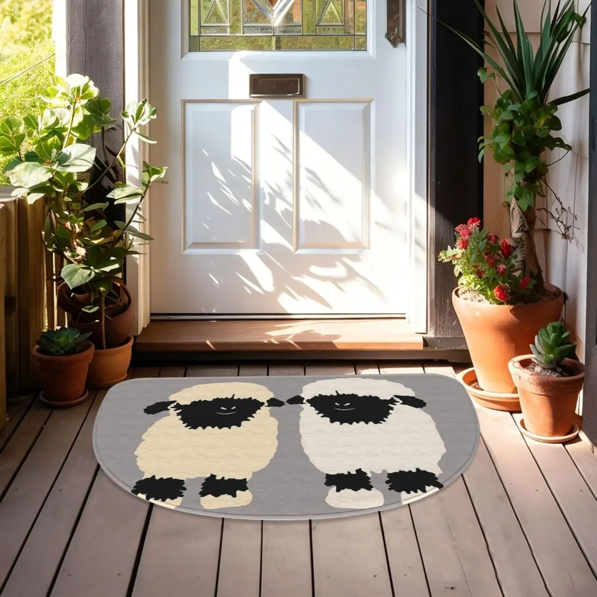 Valais Black Nose Sheep Friends Soft Flannel Half Round Doormat Non Slip Bathroom Mat Absorbent Floor Carpet for Home Bedroom