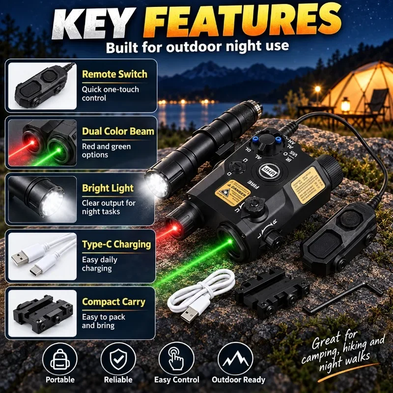 PEQ-15 Style LED Illuminator with Strobe, Green & Red Beam, Rail Adapter, Internal Battery, Outdoor Toy Gel Blaster Part