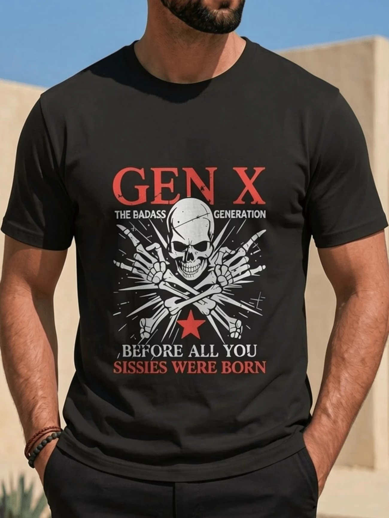 Men's Vintage Gen X The Badass Generation T-Shirt Retro Skull Stars Graphic Tee Before All You Sissies Were Born Print Shirt Gym