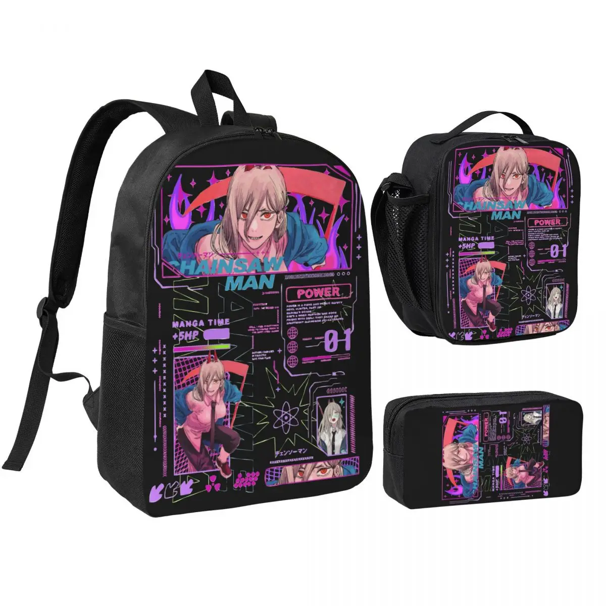 

Рюкзак Chainsaw Man Power Manga 3pecs/set для подростков, колледжа, холщовые сумки, сумка для обеда, пенал