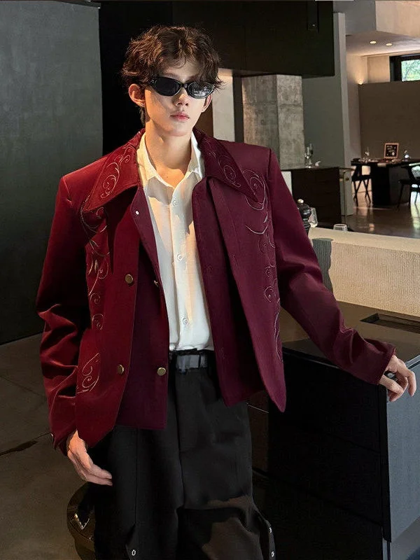 

Retro Luxury Wine Red Velvet ort Jaet with Stand Collar Embroidery for Men Autumn Winter Faion Outerwear Coat