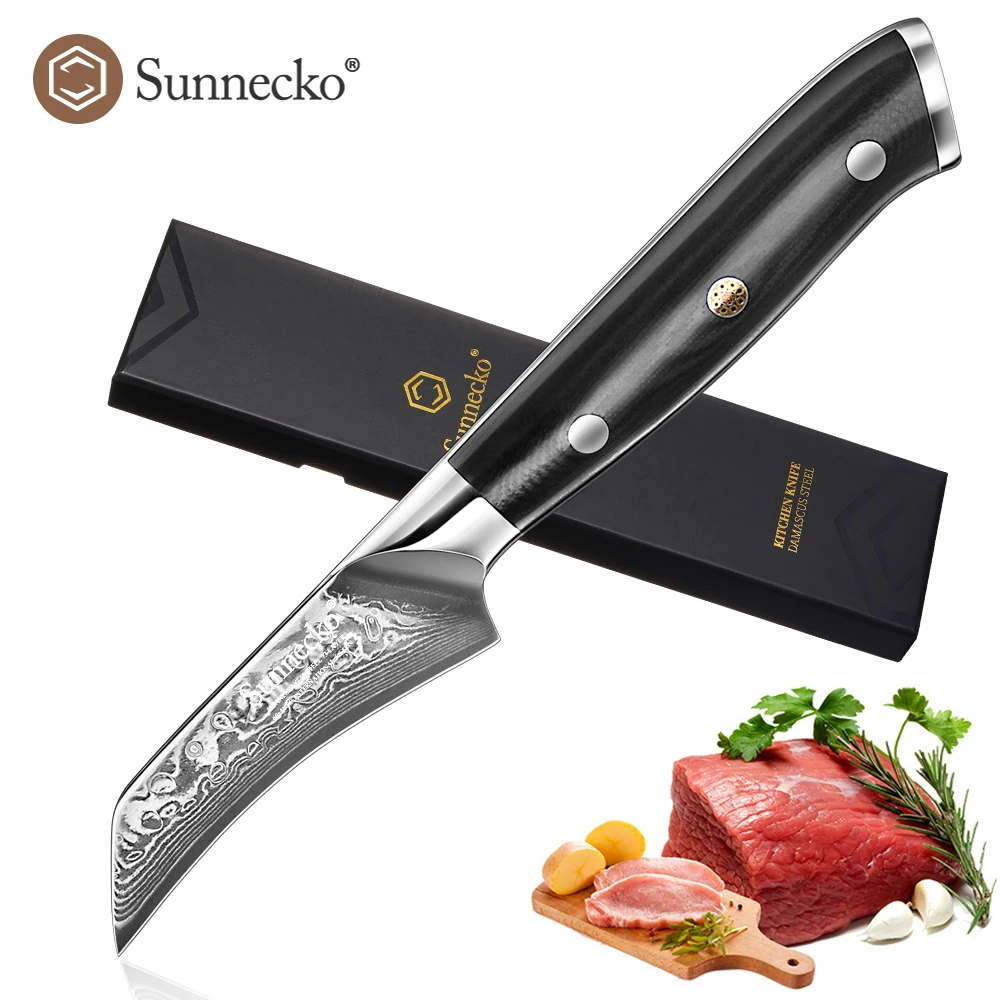 SUNNECKO Curved Peeling Knife 3\'\' Damascus Steel Paring Slicing Japanese Style VG10 core Fruit Vegetable Kitchen Chef Home Use