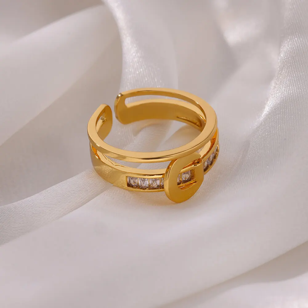 خواتم زركون نسائية بطبقتين ، خاتم فولاذ مقاوم للصدأ قابل للتعديل ، هدية مجوهرات زفاف فاخرة ، اتجاه جديد بسيط