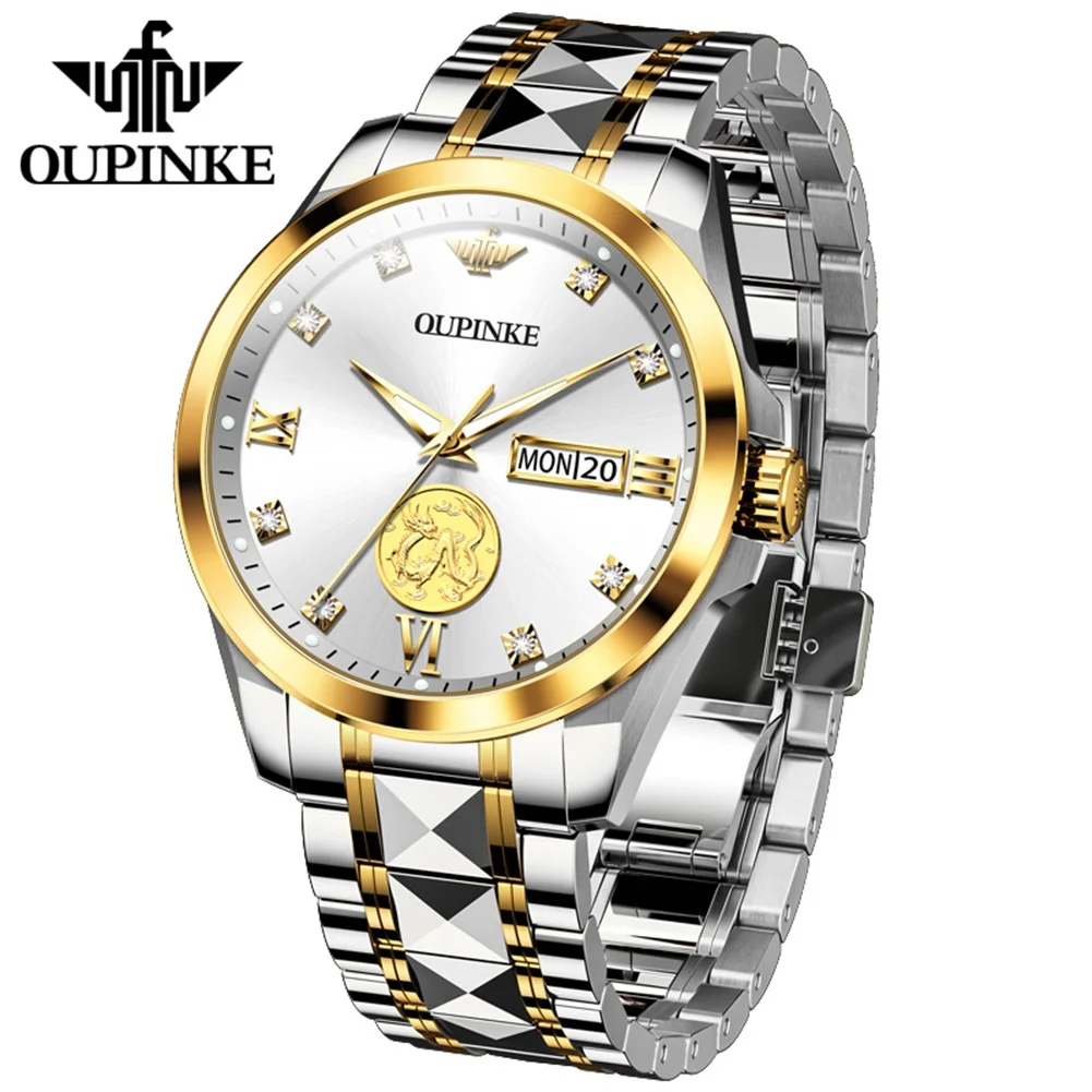 OUPINKE 3259 Dual Calendar Luxury Mechanical Hand Clock Deep Waterproof Automatic Watch For Men Luminous Stainless Steel Watches