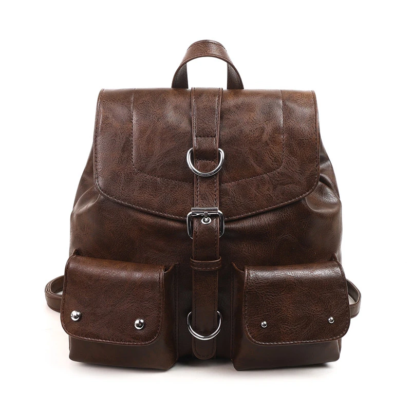 

Vintage Multi Pocket Backpack Trend Ladies Travel Flap Messsenger Bag Punk Women's Black Riveted Rucksack Female Large Handbag