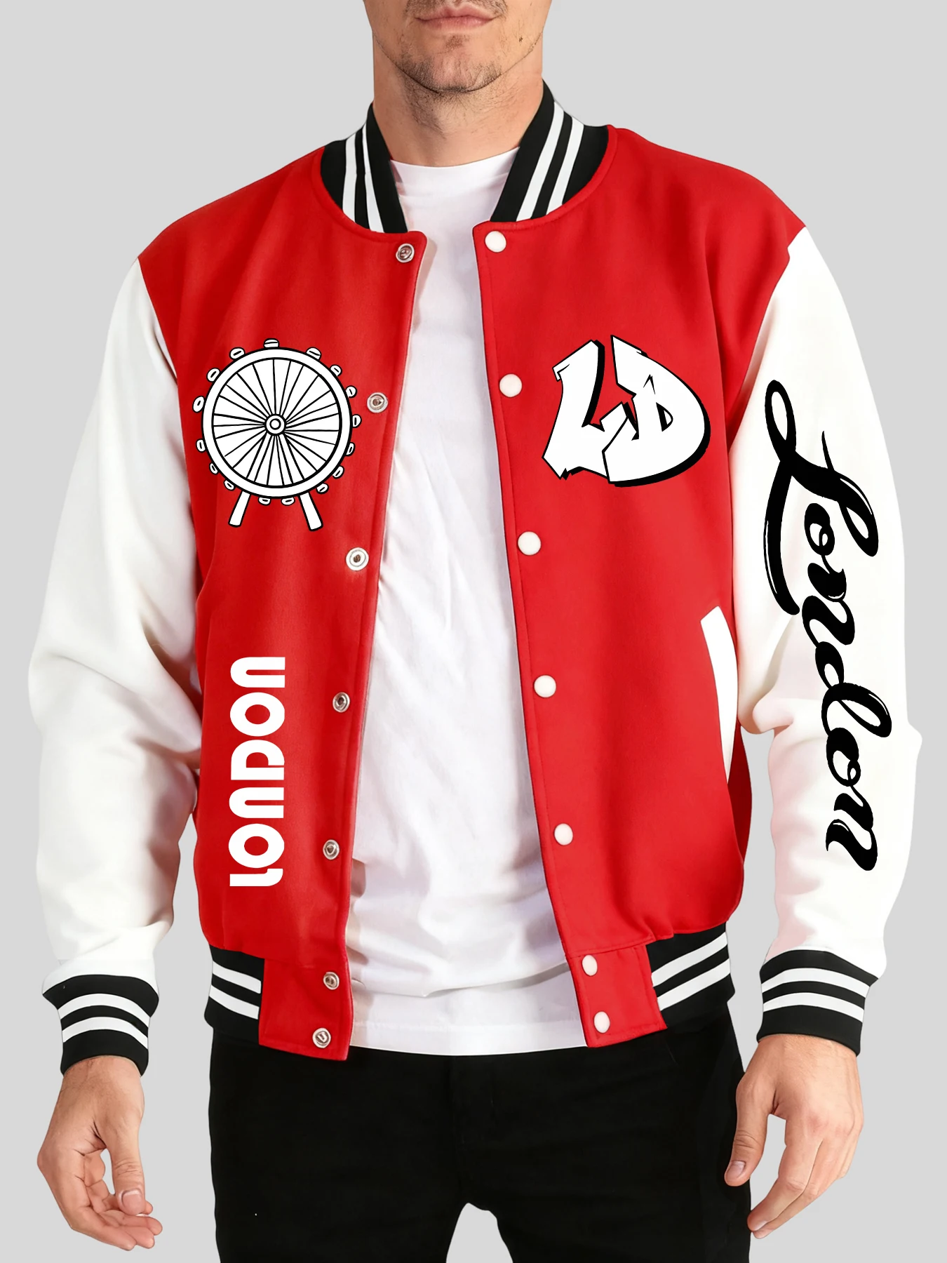 

London Art Letter Creative Print Sportswears Unisex Oversized Comfy Jacket Casual Basics Tops Autumn Winter Baseball Uniform