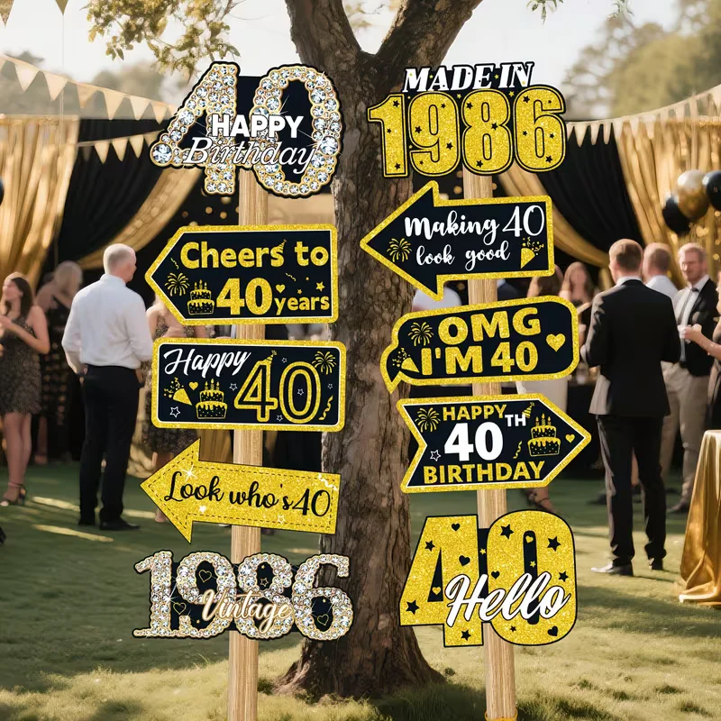 40. Geburtstag Party Foto-Requisiten Schwarz Gold Glitzer 1986 Vintage Schild Alles Gute zum 40. Jahr Erwachsenen-Geburtstagsdekoration