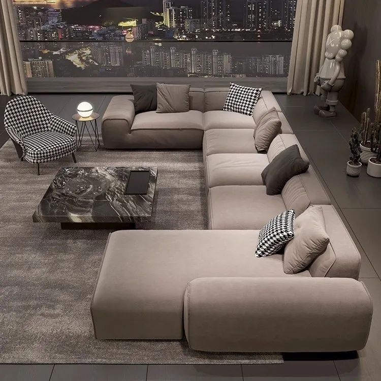 Technologiedoek, matte stof, geheel van leer, eerste laag koeienhuid van internetberoemdheid, minimalistische bank