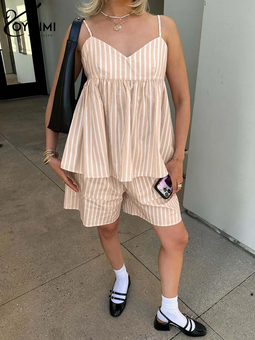 

Oymimi Casual Khaki Print Women 2 Piece Set Outfit Elegant Spaghetti Strap Cotton Pleated Blouses And High Waist Shorts Sets