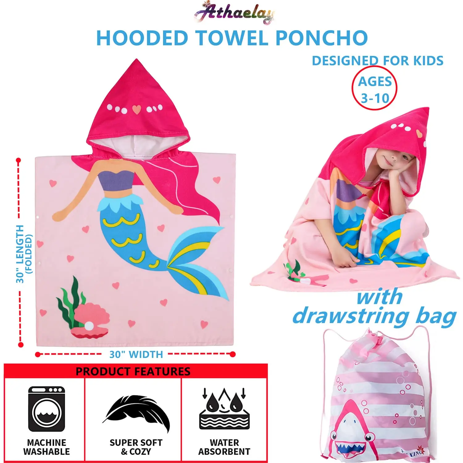 Dinosaur Beach Towel with Hood for 3-10 Years Boys and Girls Hooded Towels Bath Robe for Kids with Drawstring Bag