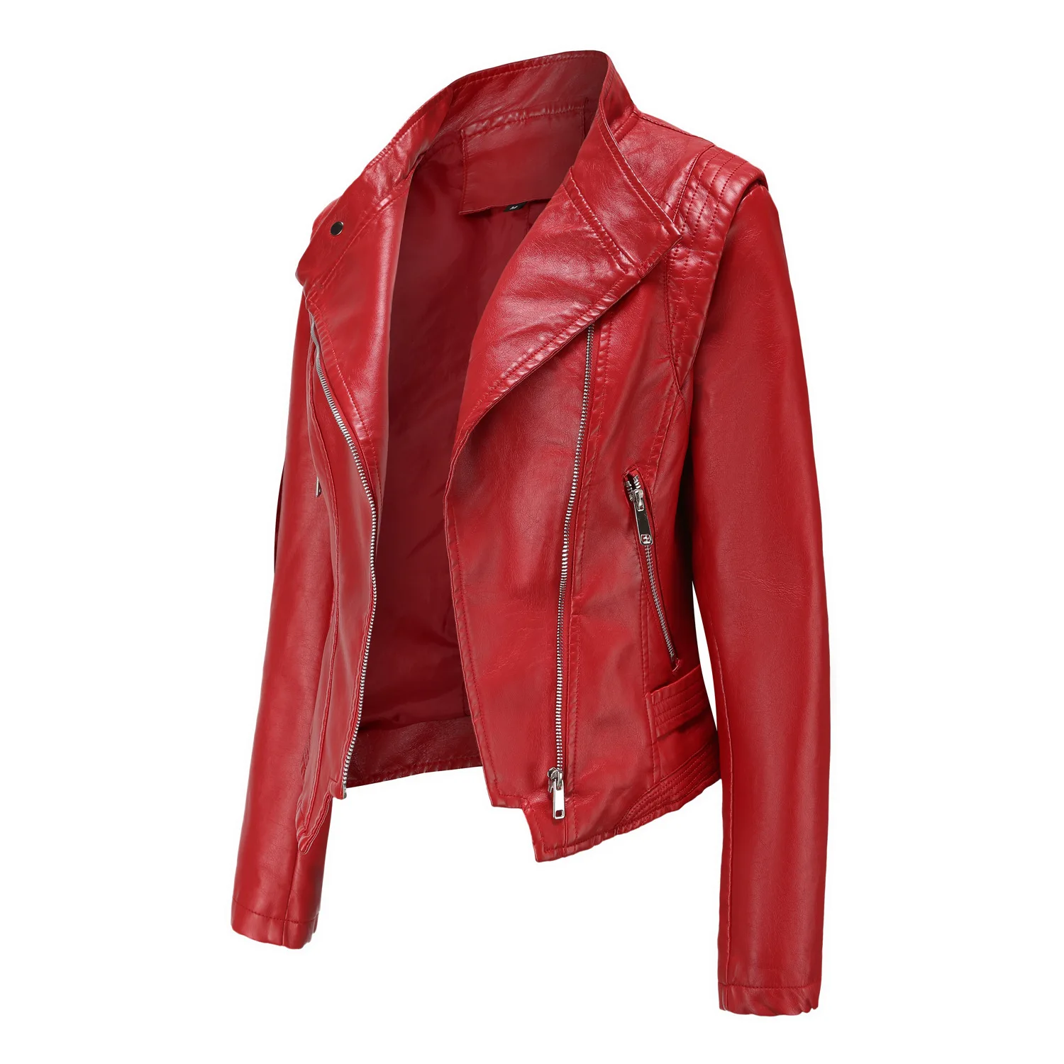 Slim Fit PU Leather Jacket for Women, Thin Long Sleeved Jacket, Short Coat, Spring and Autumn, Motorcycle Zipper Leather Jacket