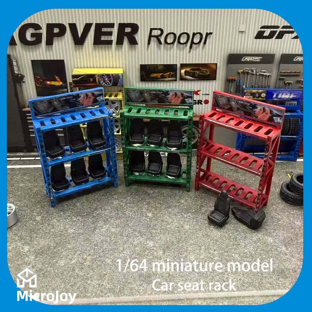 Detailed Scene: 1:64 Scale Miniature Model Repair Workshop Car Seat Rack Mini with 6 Seat Ornaments Car Model Scene Vintage Setup