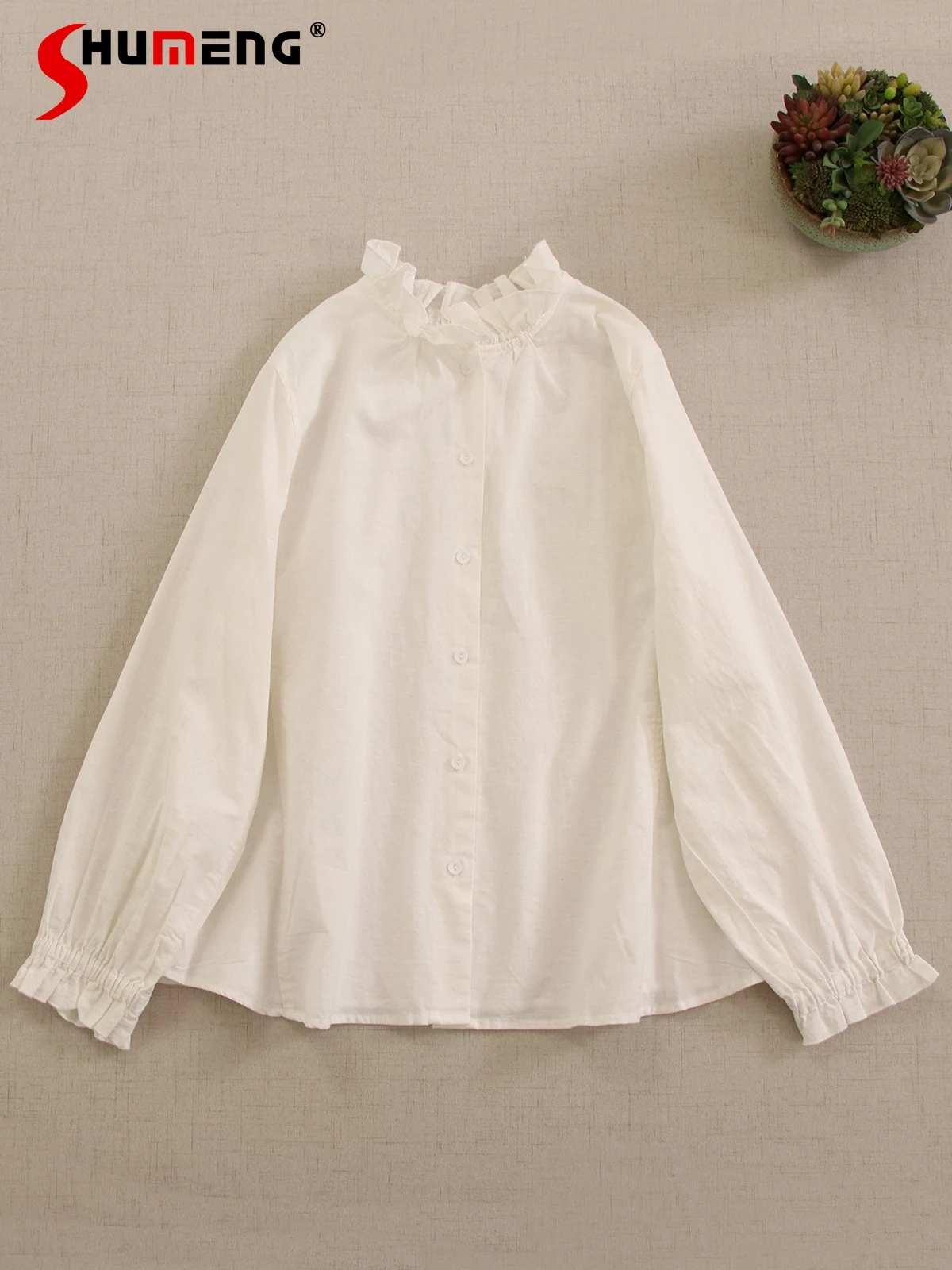 

Japanese Sweet Mori Girl Solid Color Ruffles Collar Long Sleeve Shirt Loose Literary Temperament White Blouse Tops Women Autumn