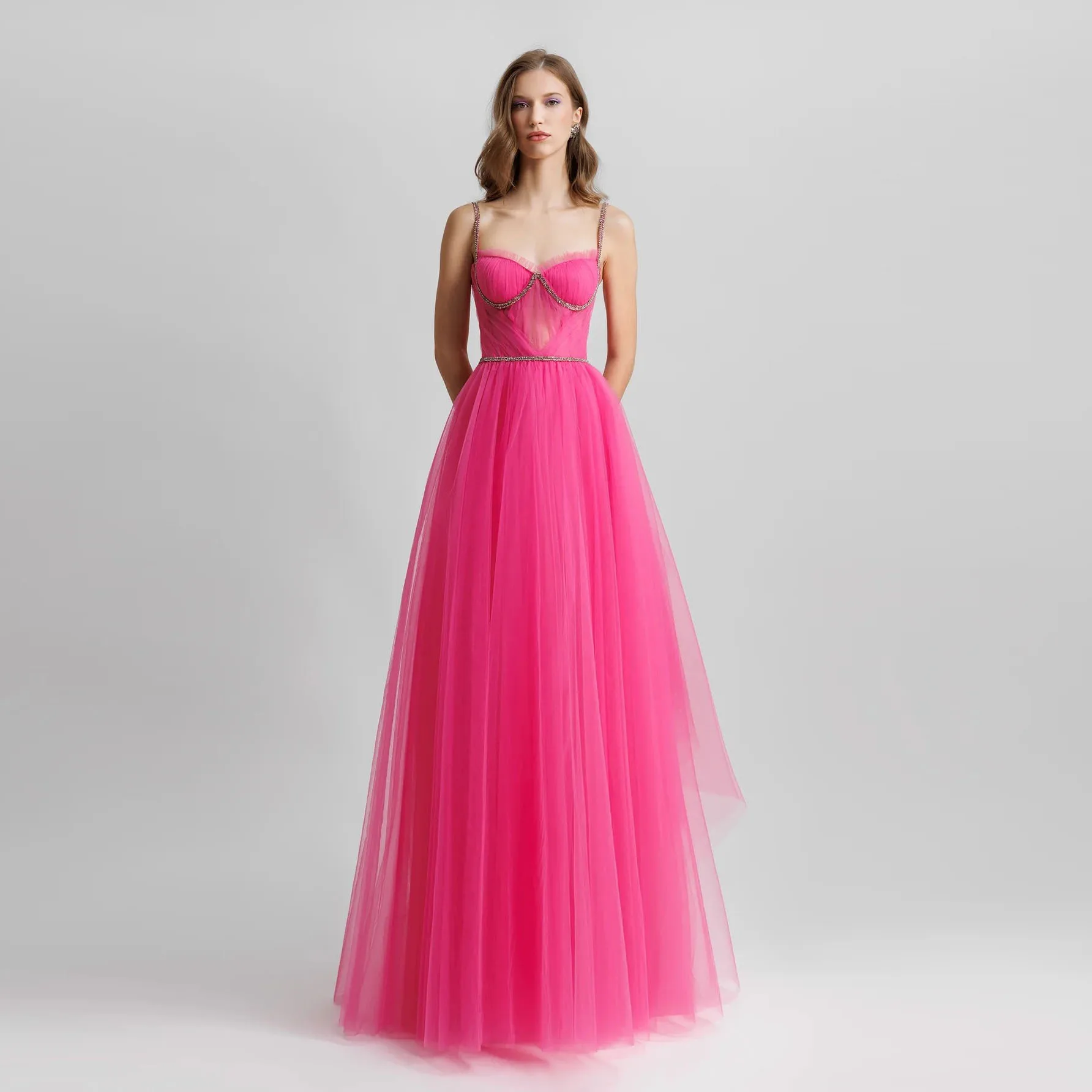 Beautiful Fuchsia Asymmetrical Tulle Long Maxi Gowns With Delicate Crystal  Pretty Hot Pink Tutu Tulle Bridal Women Party Dress