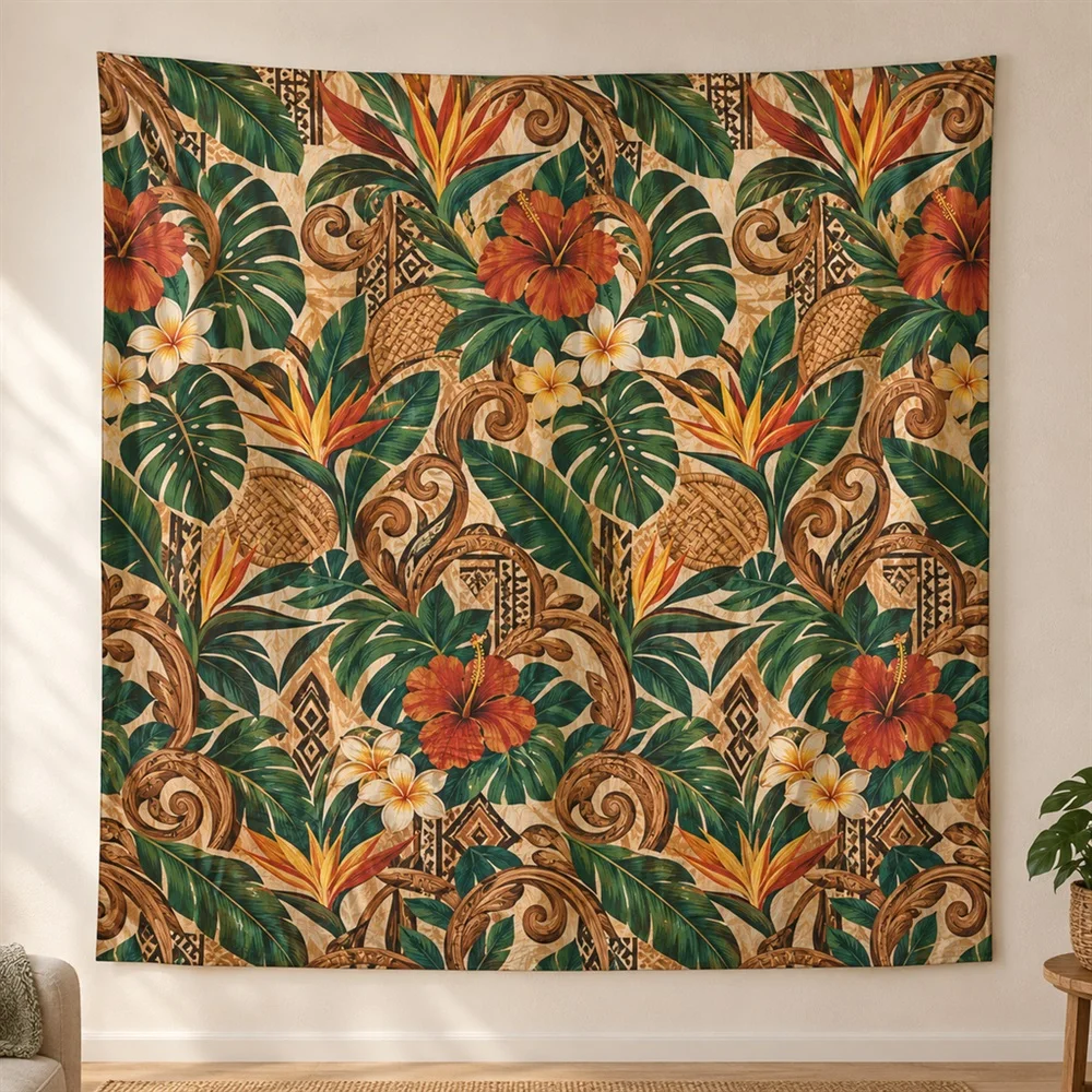 VIKAMA Carved Wood Motif Allover Pattern Tapestry Wall Hanging, Tropical Wall Decor Tapestries for Bedroom Living Room Study