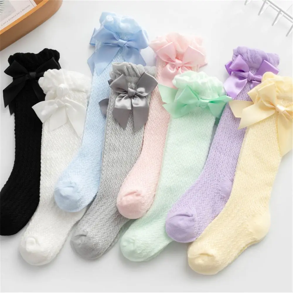 Solid Color Newborn Infant Cotton Bowknot Breathable Royal Style Bow Knee High Fishnet Socks Knee Stockings Long Stocking