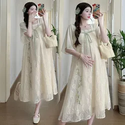 2024 Summer Fashion Square Collar Maternity Dress Chinese Style Short Sleeve Dress Loose Outing Pregnant Women's Skirts LF905