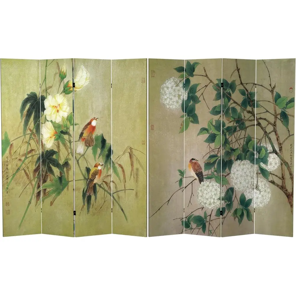

Высокая двусторонняя ширма-перегородка из 4 панелей с изображением птиц на деревьях, на 6 человек, отдельно стоящая, складная, для зонирования и обеспечения приватности