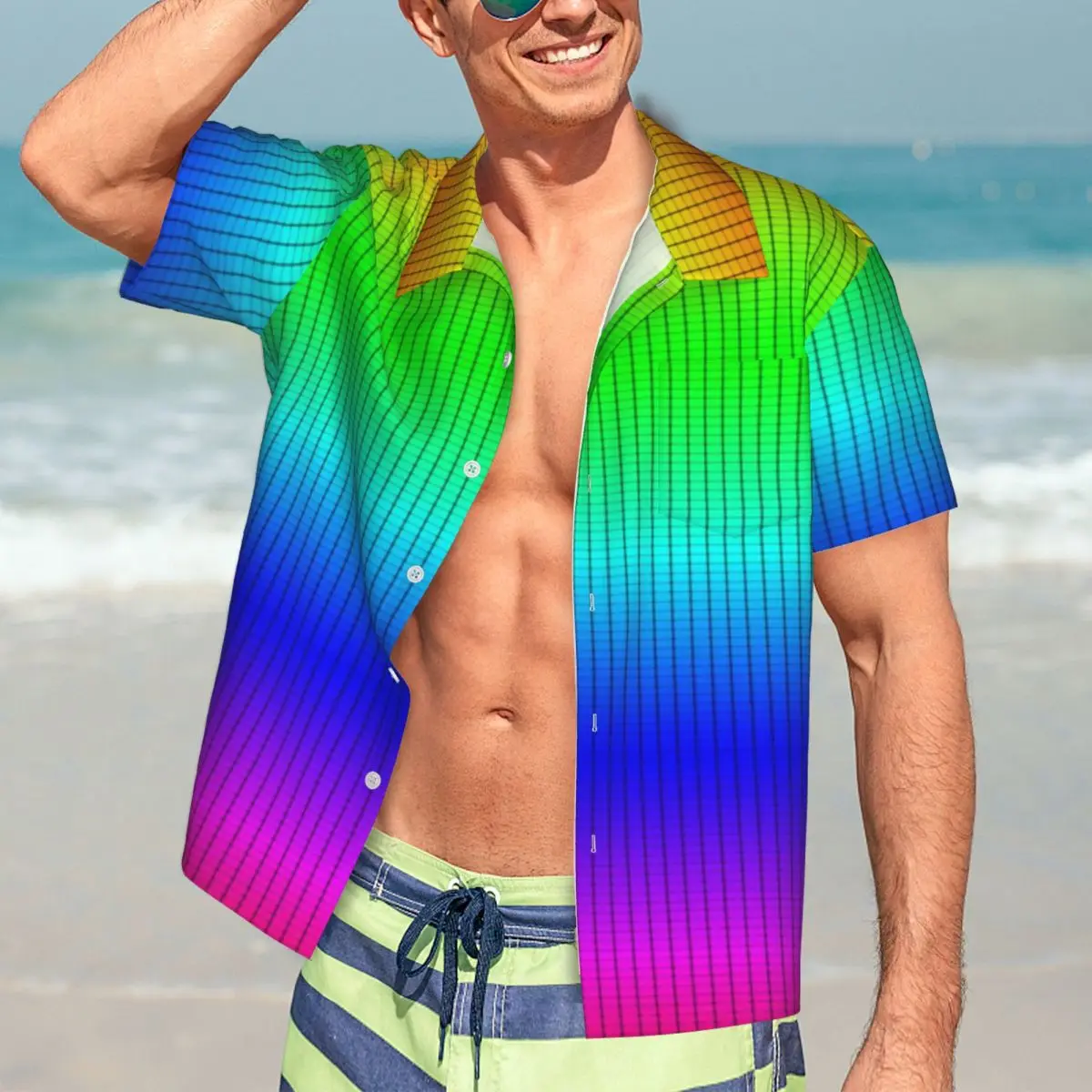 

Ombre Shaded Hawaiian Shirt Men Beach Rainbow Neon Casual Shirts Short Sleeves Stylish Custom Cool Oversized Blouses