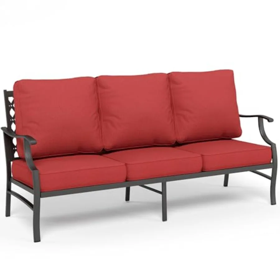 

Rust Red Metal Patio Furniture Sofa with 5.75 Extra Thick Waterproof Cushion 3-Seater Deep Seat High-Back Outdoor Couch All Wea