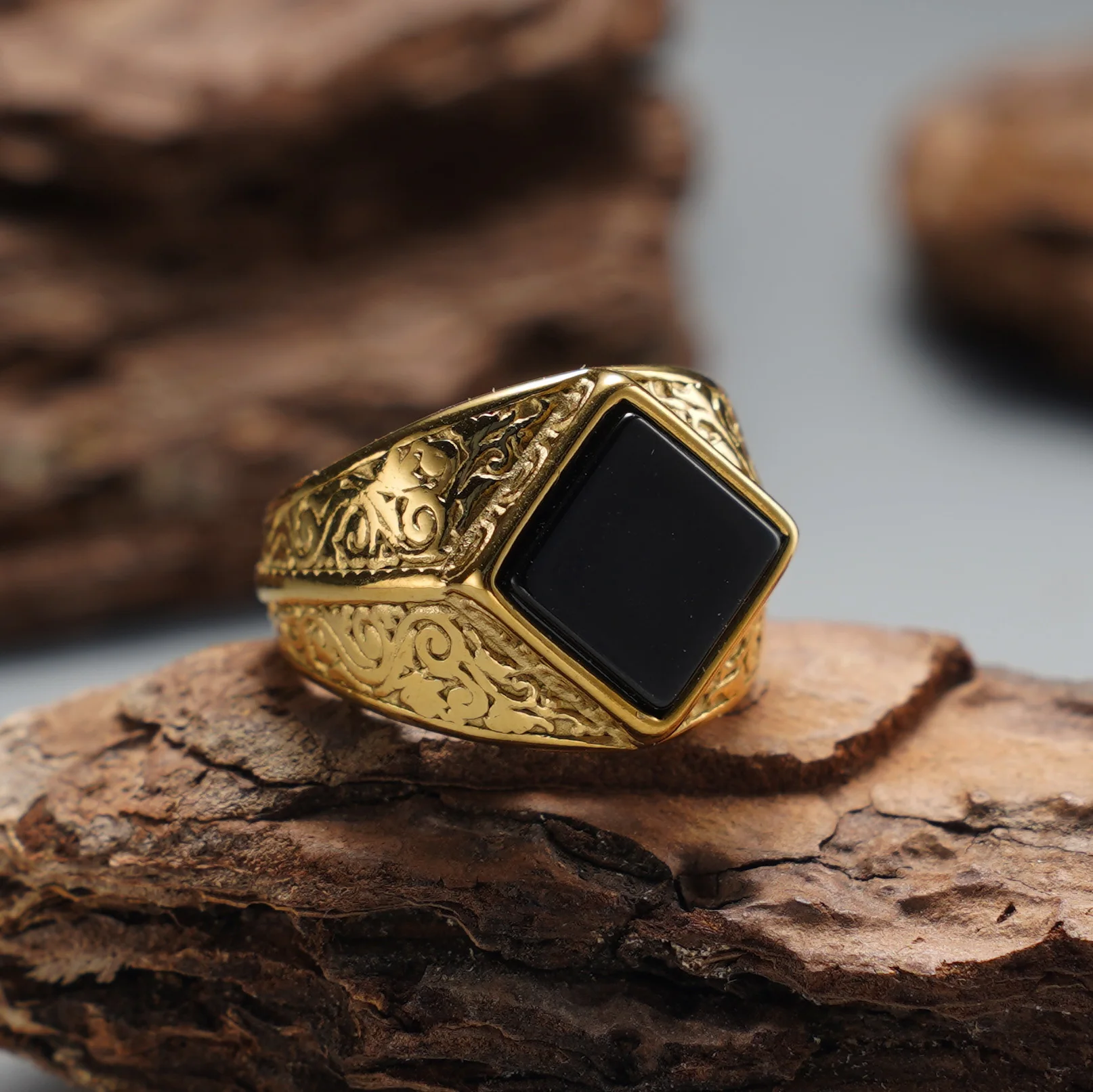 Vintage Gravierter Rhombus-Achat Herrenring, 316L Edelstahl Trendiger Statement-Schmuck – Detail 4