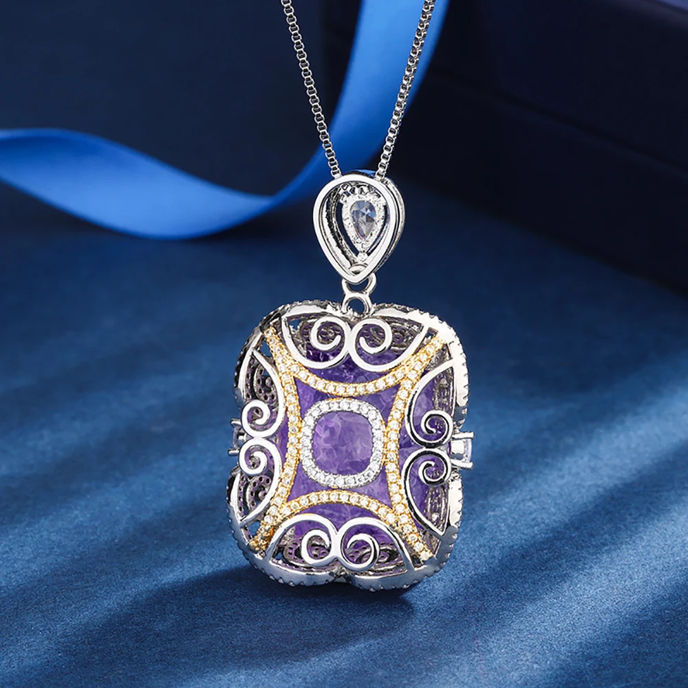 Luxury Vintage 20*23mm Amethyst Pendant Chain Necklace for Women Lab Diamond Cocktail Party Fine Jewelry Accessories Female Gift
