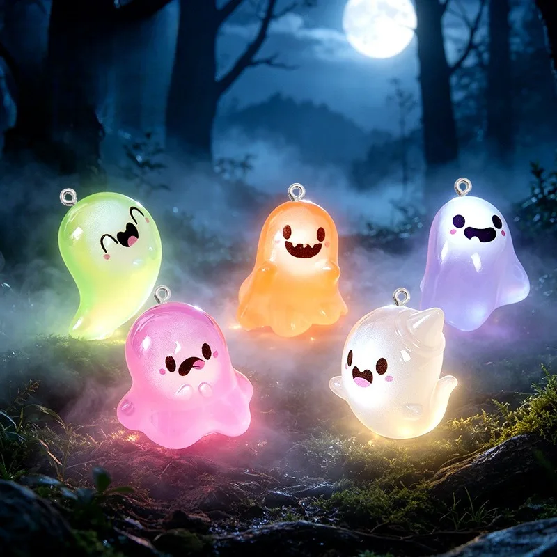 5Pcs Kawai Night Glow Ghost Resin Acrylic Charms DIY Keychain Necklace Earrings Decorative Pendants Jewelry Making Accessories
