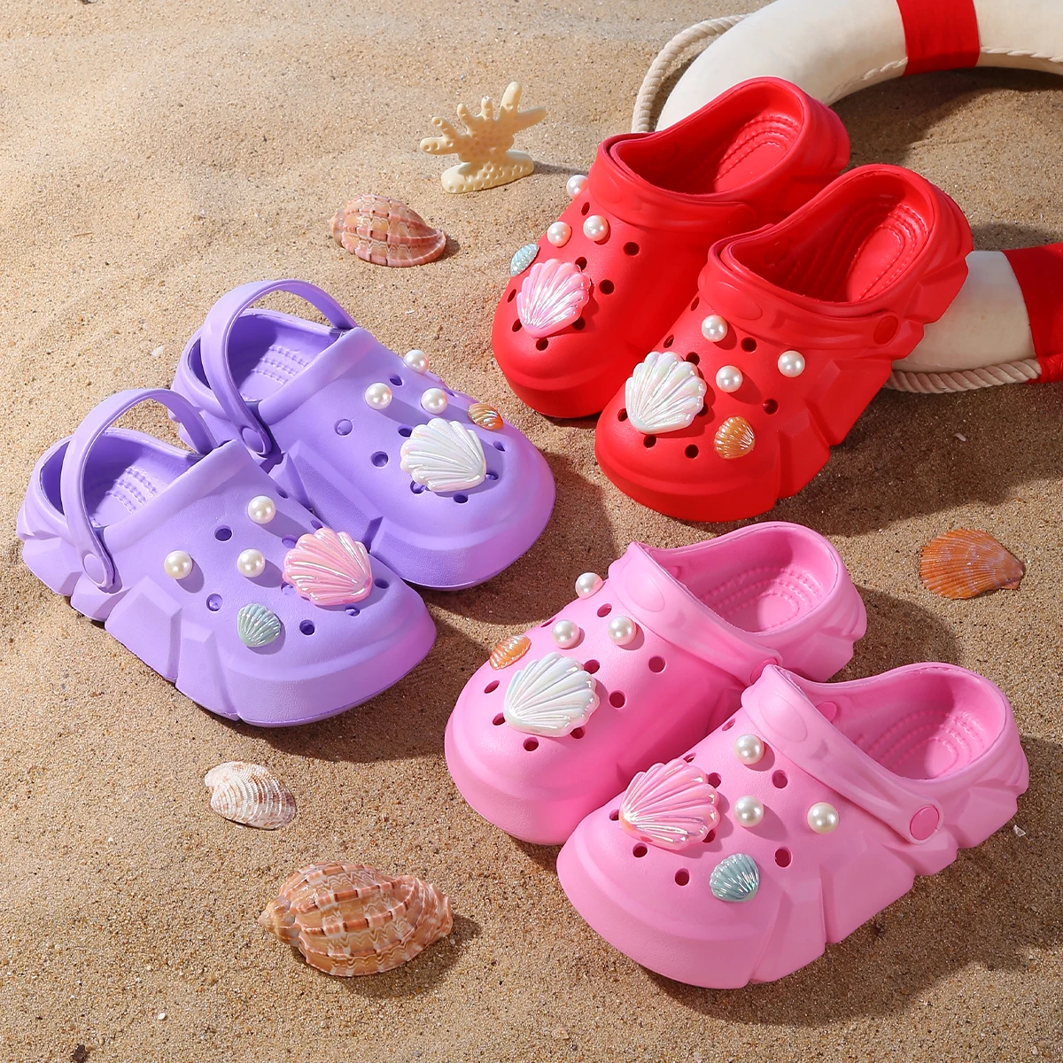 Trendy Cute Shells And Pearls Design Garden Clog Shoes For Girls, Breathable Non-slip Slip-On Sandals, Beach Slide