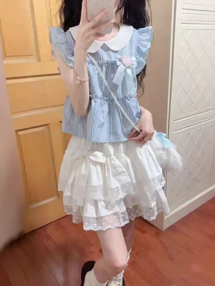 

Sexy Knot Puffy Sleeve Doll Collar Top And Short Skirt Two Piece Set for Women Breathable Comfortable Spring Summer
