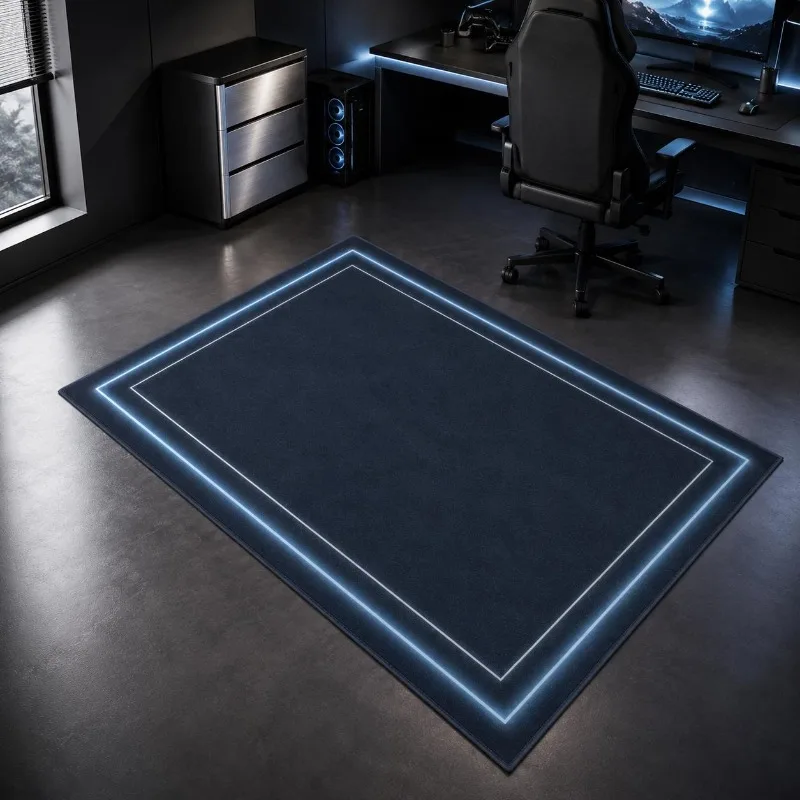 Neon Blue Border Gaming Printed Carpet Black Large Area Floor Rug for Game Room Home Decoration Thanksgiving New Year