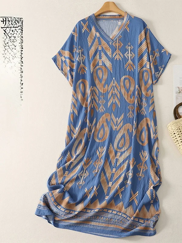 

plus Size Cotton Summer Dress Comfortable Printed Short Sleeve Long Dress Loose Fit V-Neck Citywalk Casual Style plus Size Women