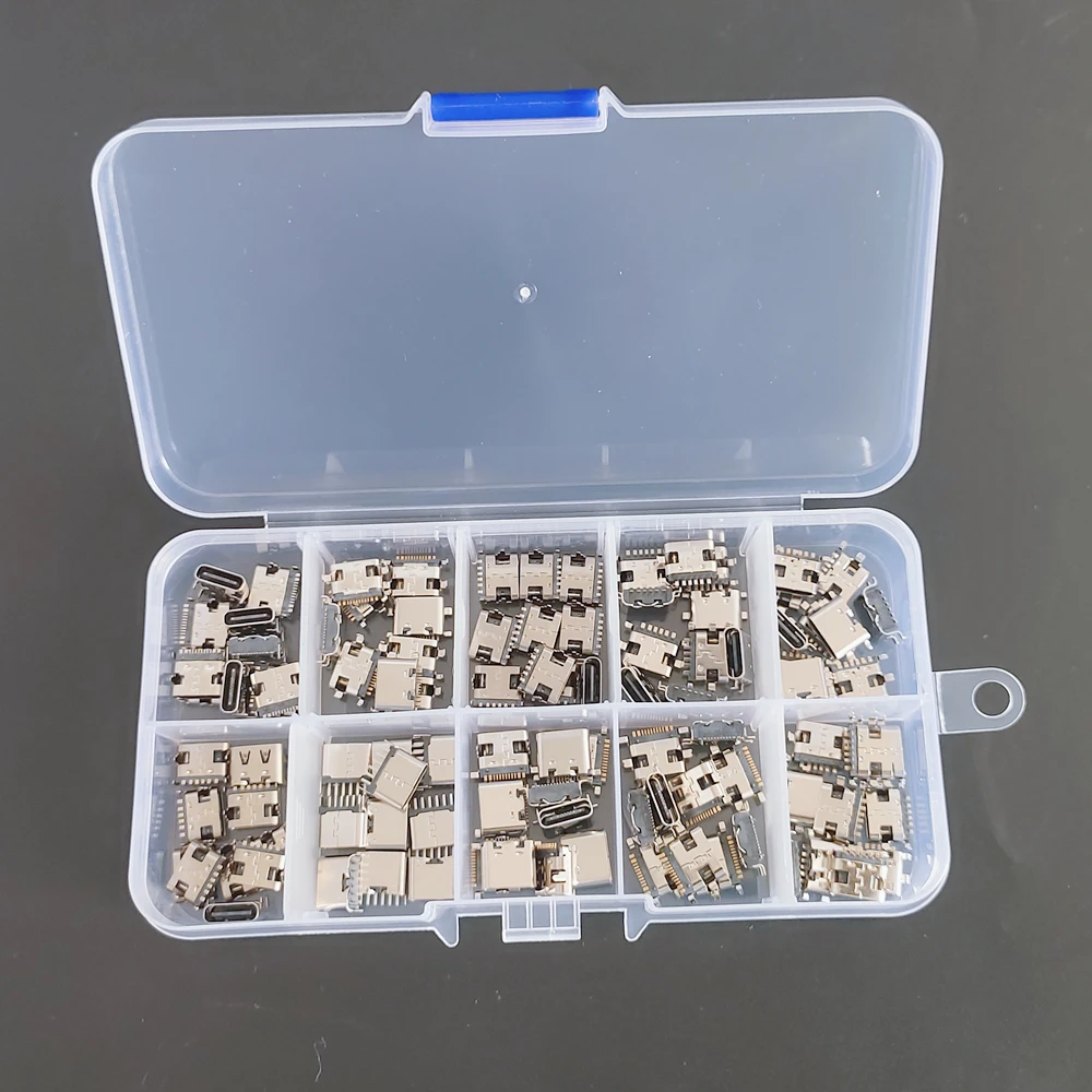 100PCS/Box 10Models Type-C USB Charging Dock Connectors Mix 6Pin and 16Pin Use for Phone and Digital Product Repair kit