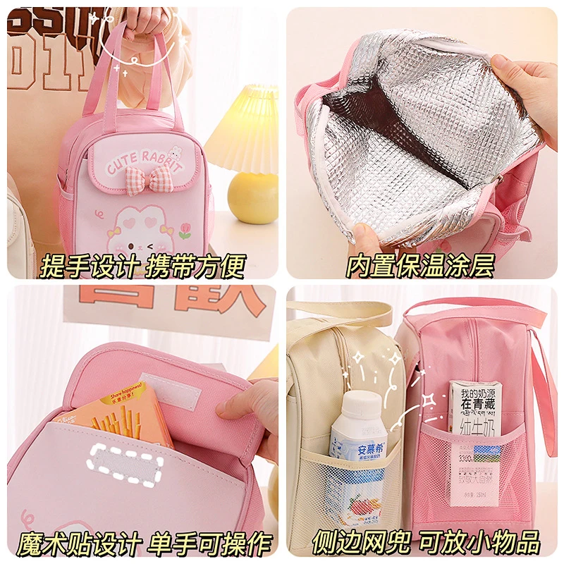 Cute Portable Lunch Box for Kids Pink Bow Bunny Thermal Insulated Lunch Bag Bento Pouch Kawaii Container School Food Storage Bag