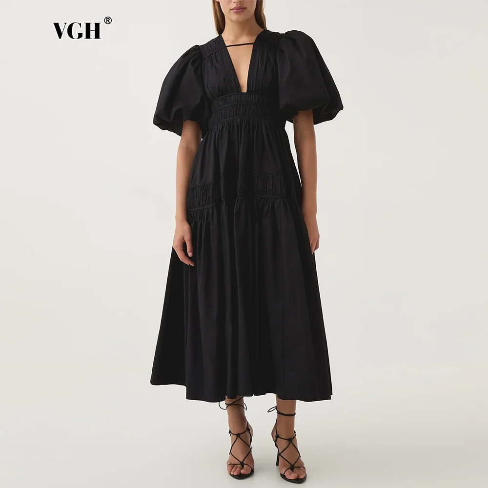 

VGH Hollow Out Patchwork Folds Casual Dresses For Women V Neck Puff Sleeve High Waist Minimalist Solid Long Dress Female Fashion