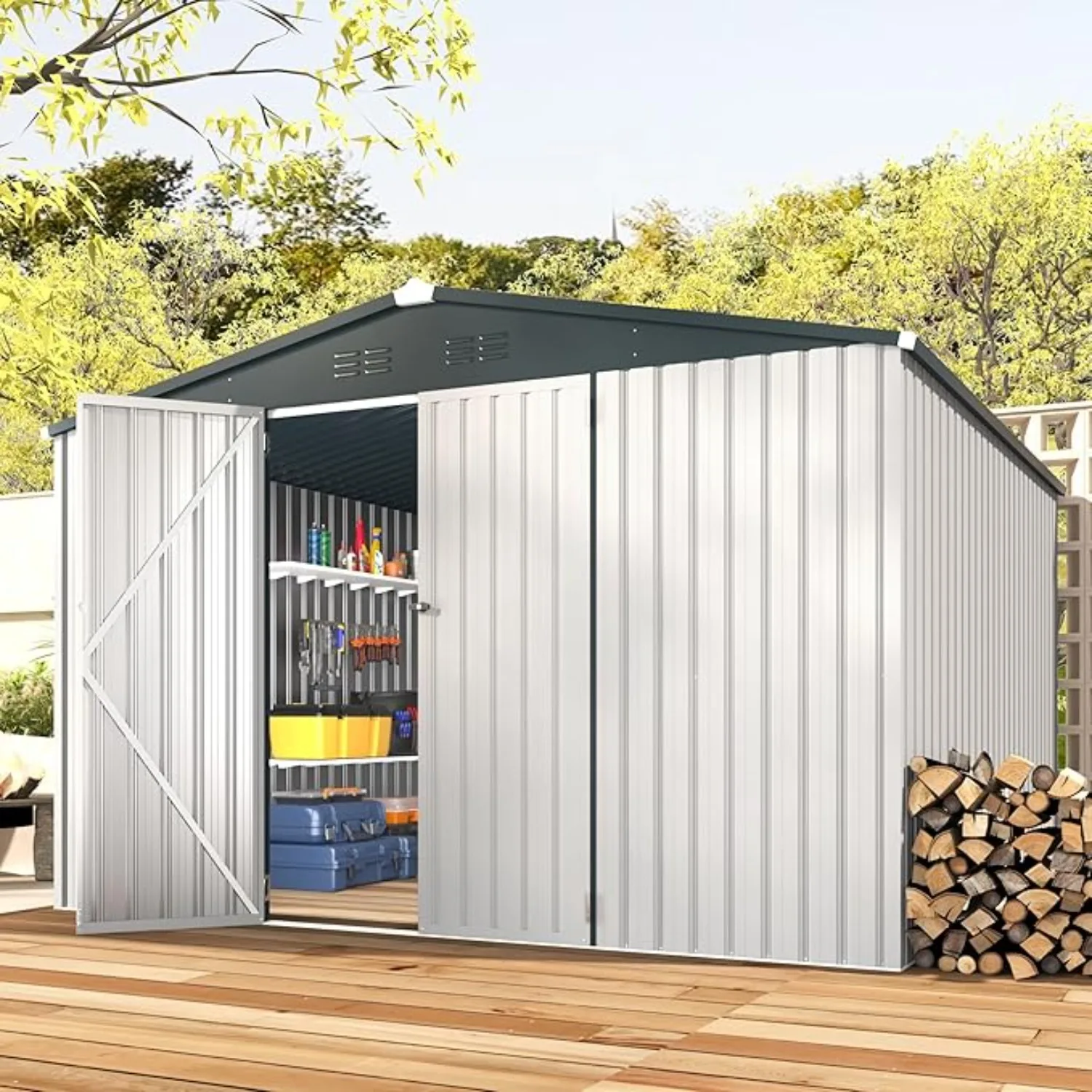 10'x10' Shed, Large Metal Storage Sheds & Outdoor Clearance, Steel Backyard Shed with Lockable Doors, Utility and Tool Storage