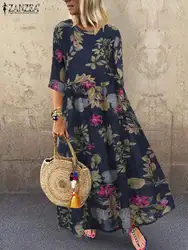 ZANZEA Summer Women O Neck 3/4 Sleeve Holiday Maxi Sundress Vintage Kaftan Beach Vestido Robe Femme Bohemian Floral Print Dress