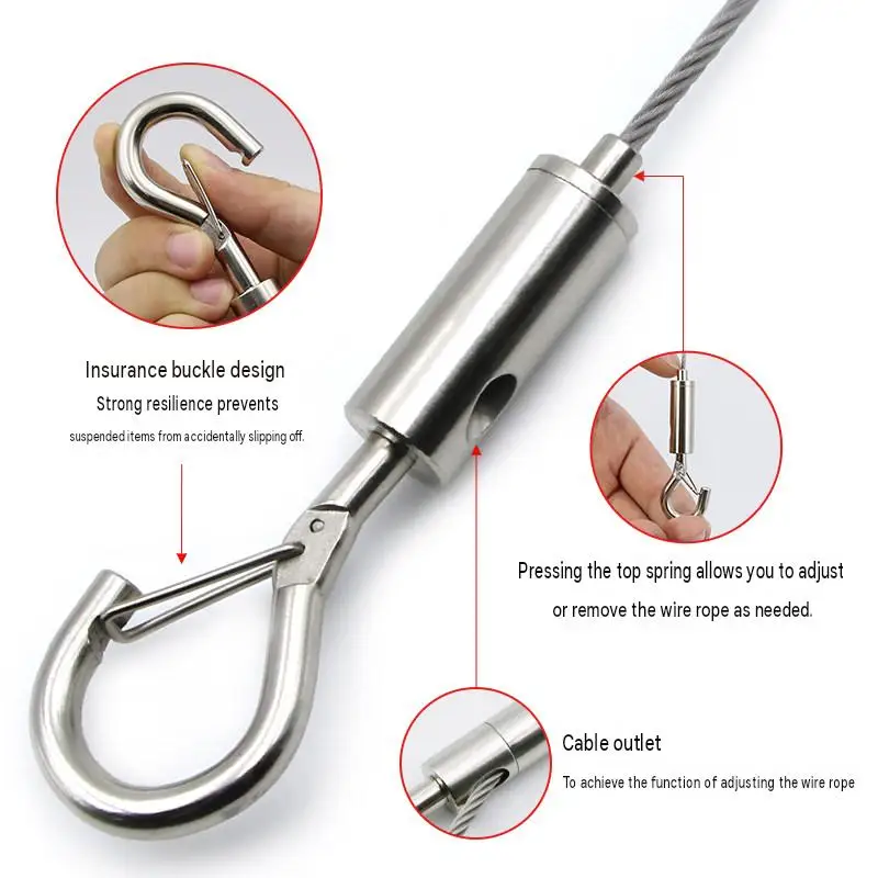 1-4pcs 304 Stainless Steel Wire Rope Hanging Cable with Self Locking Hook Adjustable Picture Sign Display Suspension Wire 0.5-3m