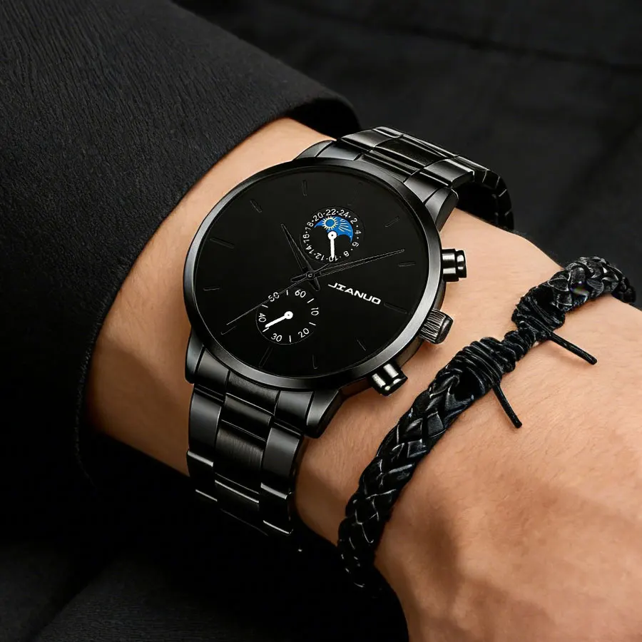British fashion men's watch stainless steel with scale sun, moon and stars 4-piece bullet set casual quartz watch men