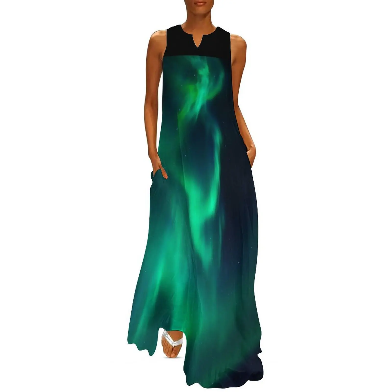 

Northern Lights, Aurora Borealis, Night Sky, Green, Alaska Long Dress Women's summer long dress Women's summer dress