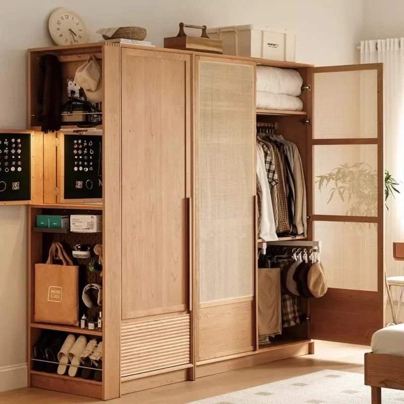 Japanese-style combination cherry wood bedroom cabinet rattan storage locker