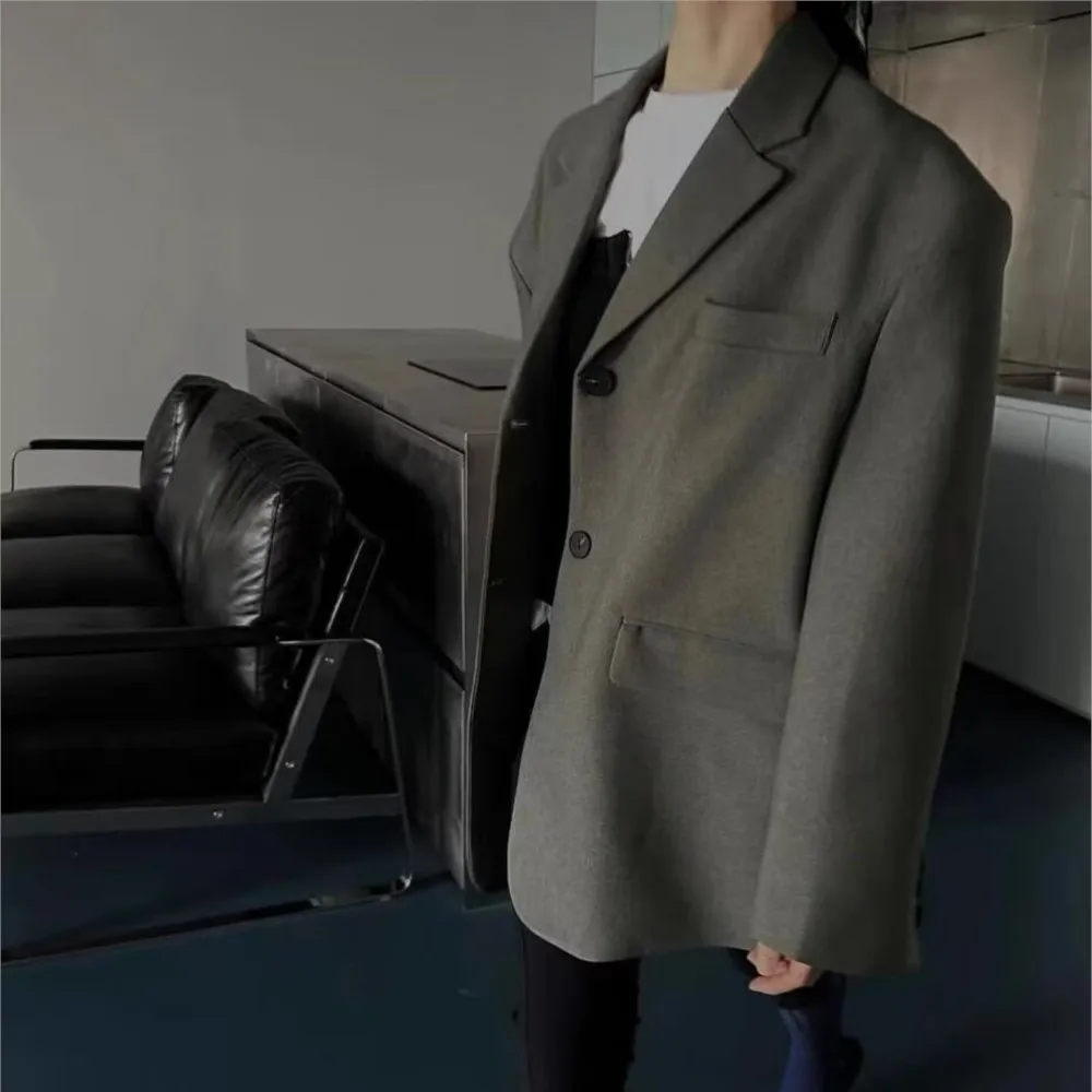 2024 Chill Dark Gray Oversized Blazer Boyfriend Vintage Women Notched Collar Loose Suit Fashion Coat