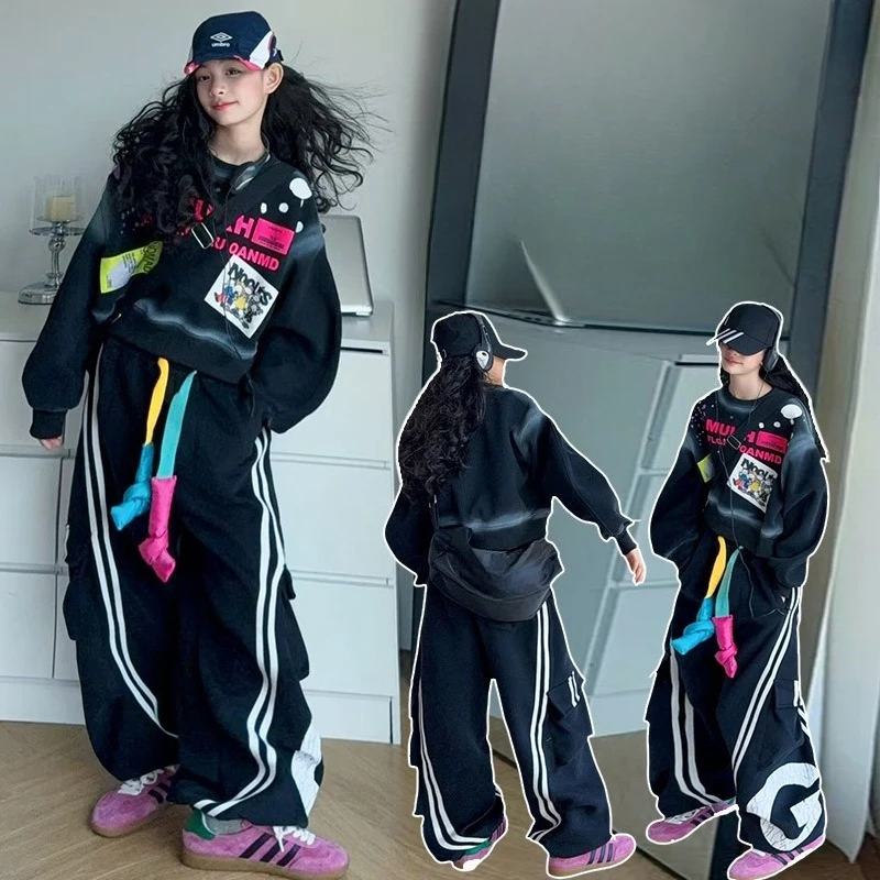Autumn New Girls 2‑Pieces Outfit Korean Style Graffiti Print Hoodie Set Trendy Unique Design Casual Sports Kids Clothing Suit