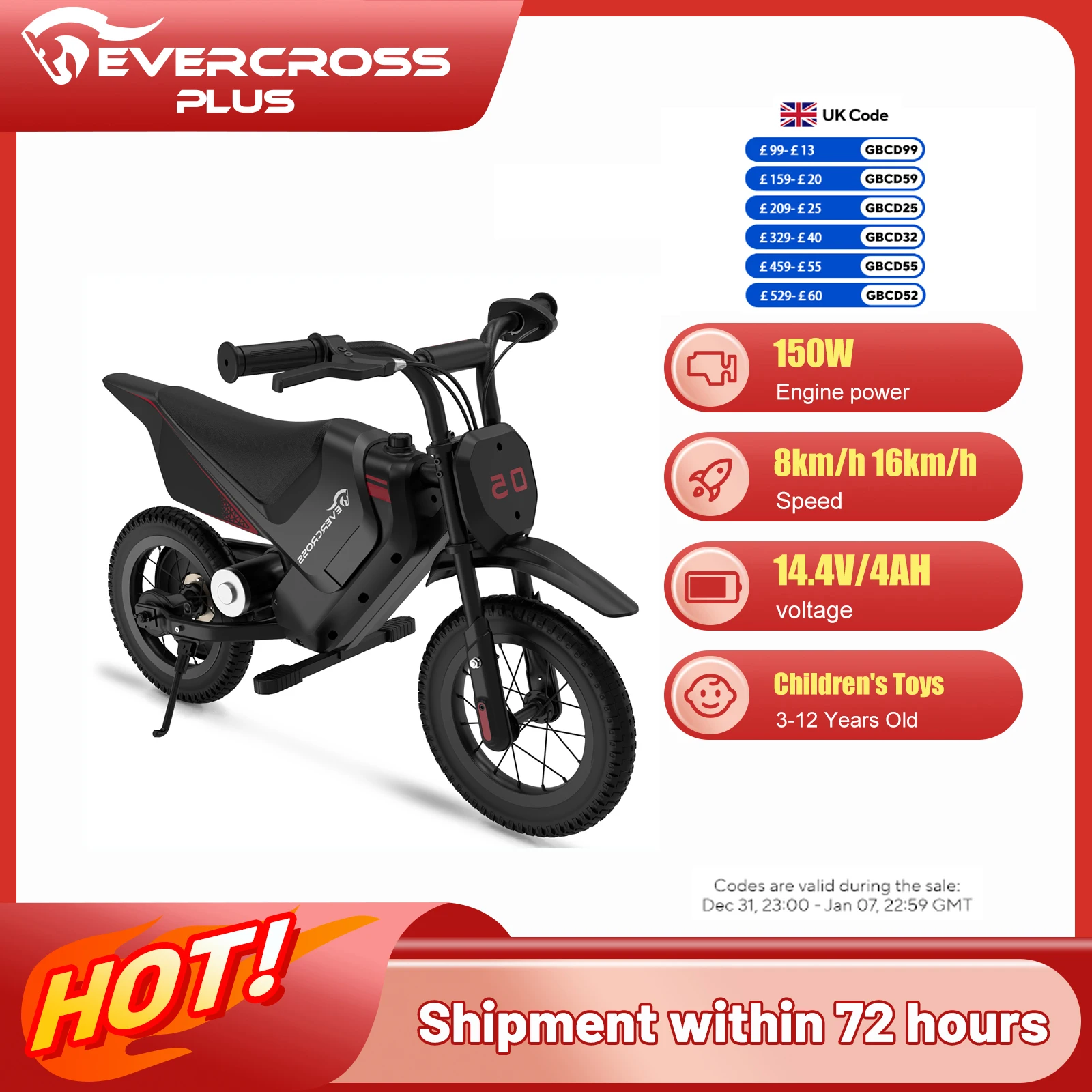 EVERCROSS PLUS Electric Dirt Bike for Kids, 150W, Adjustable Speed 8/16 km/h, Up to 10 km Range, 12-Inch Motocross for Kids 3-12