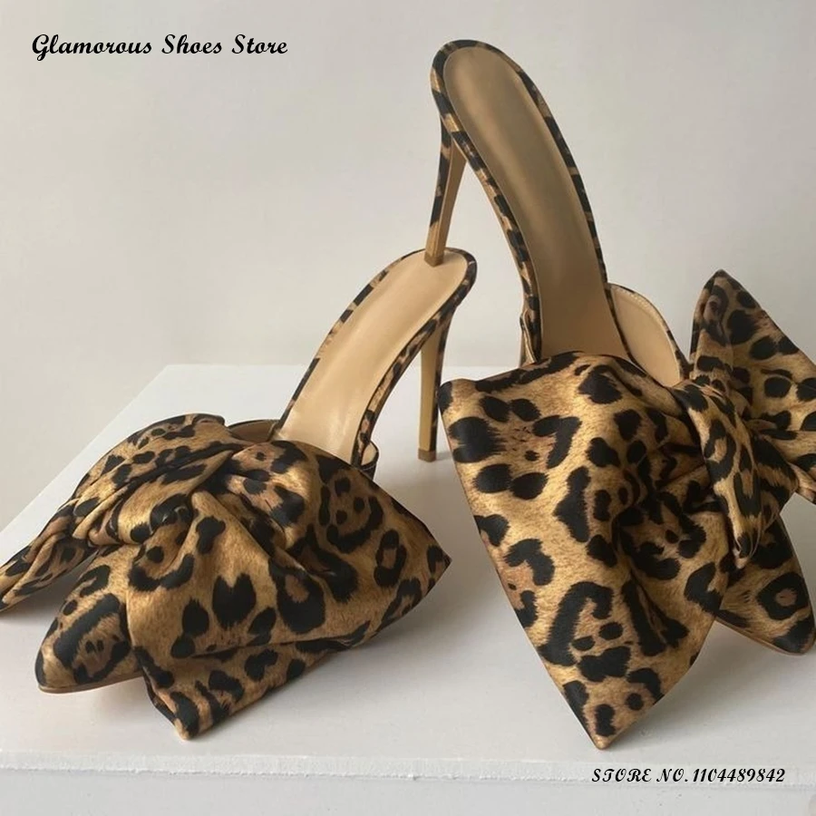 

Brown Leopard High Heel Mules Sexy Women's Pointed Toe Thin Heels Party Shoes Spring Summer Pull On Plus Size Fashion Slippers