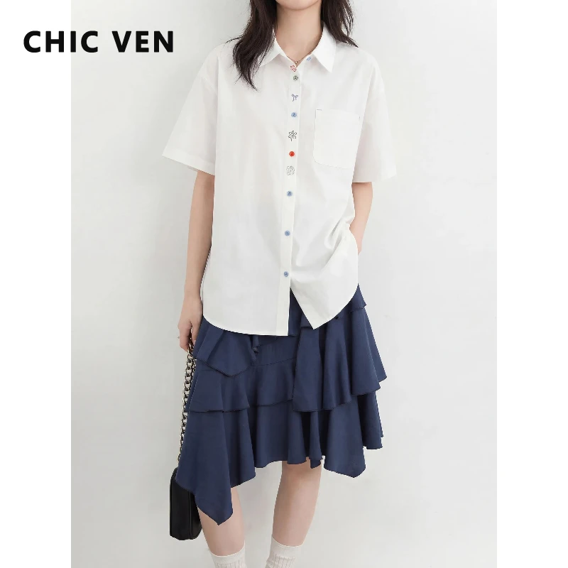 

CHIC VEN Korean Women Shirt Short Sleeve White Loose Casual Design Button Placket Ladies Blouses Cotton Girl Coat Summer 2026