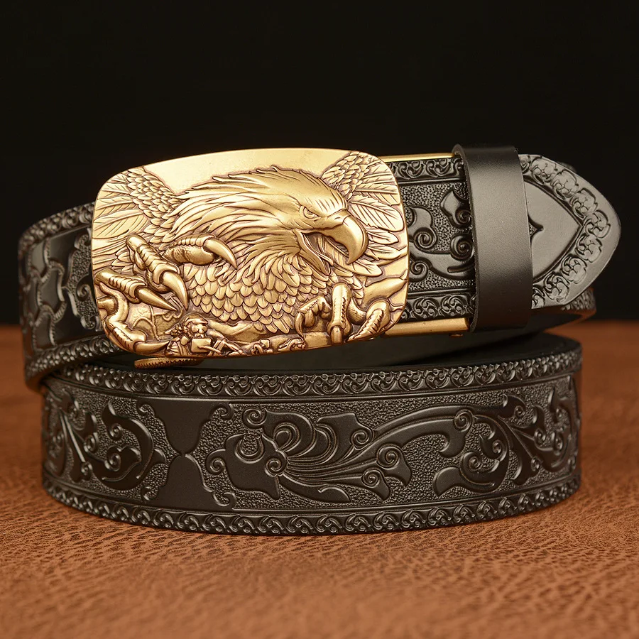 

New Eagle Automatic Buckle Men's Belt, Cowhide Personalized Carved Belt, Casual Men's Jeans Belt