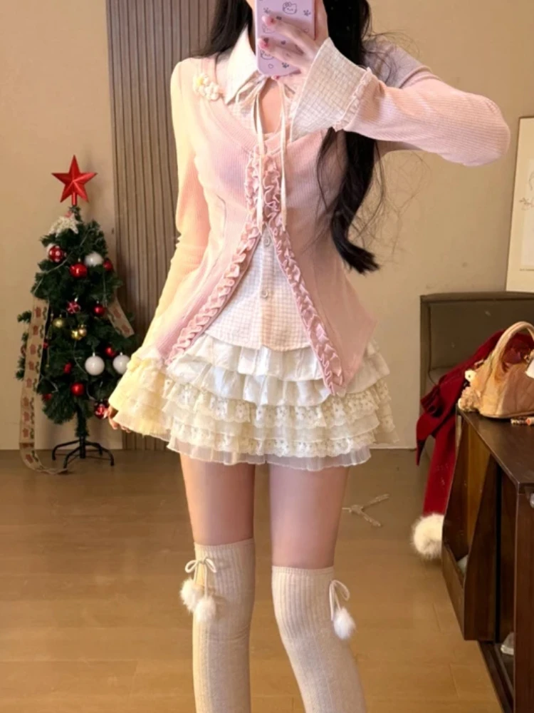 

Sweet Japanese College Style 2 Piece Set Women Fake Two Piece Splicing Cardigan + Fluffy Cake Skirt New Fairy Tale Harajuku Suit